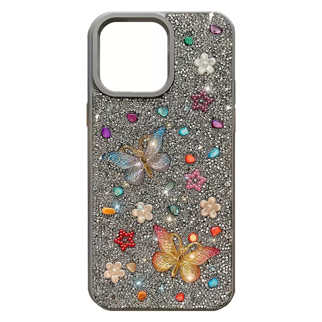 iPhone 15/iPhone 14/iPhone 13 Butterfly and Diamond Bling Case Light Gray